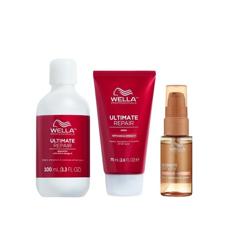 Pachet Wella Professionals Ultimate Repair & Smooth – Sampon 100 ml + Masca 75 ml + Ulei Miracle Serum Ultimate Smooth, 30 ml