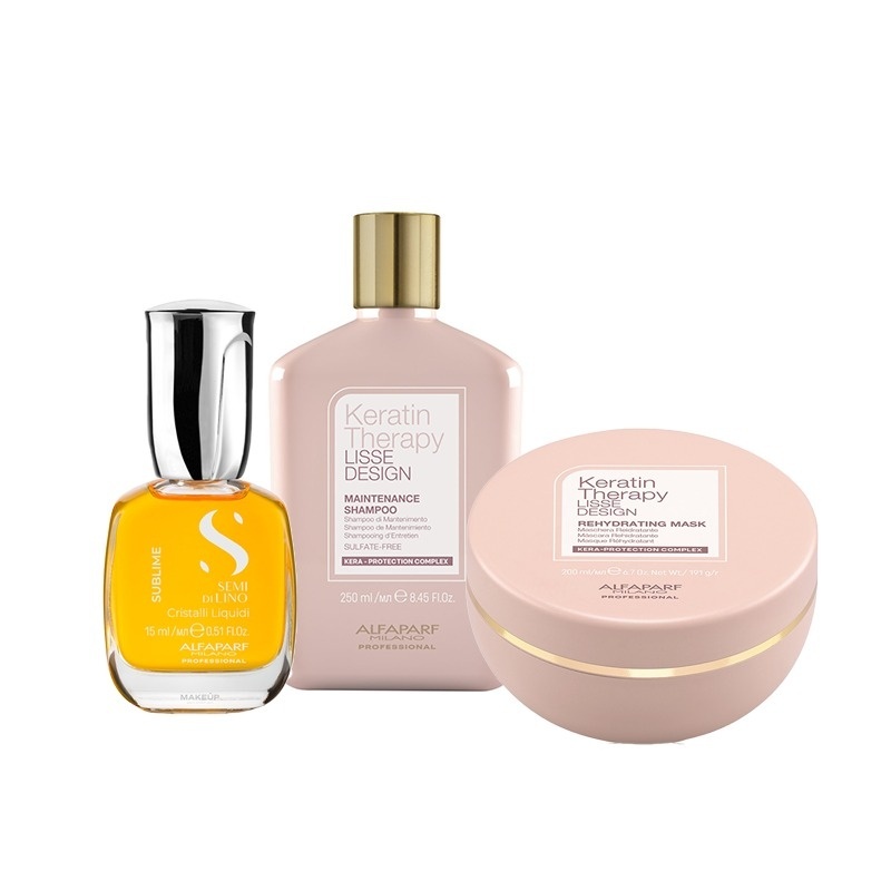Set Alfaparf Keratin Therapy Lisse Design – Sampon 250 ml + Masca 200 ml + Ulei Cristalli Liquidi 15 ml
