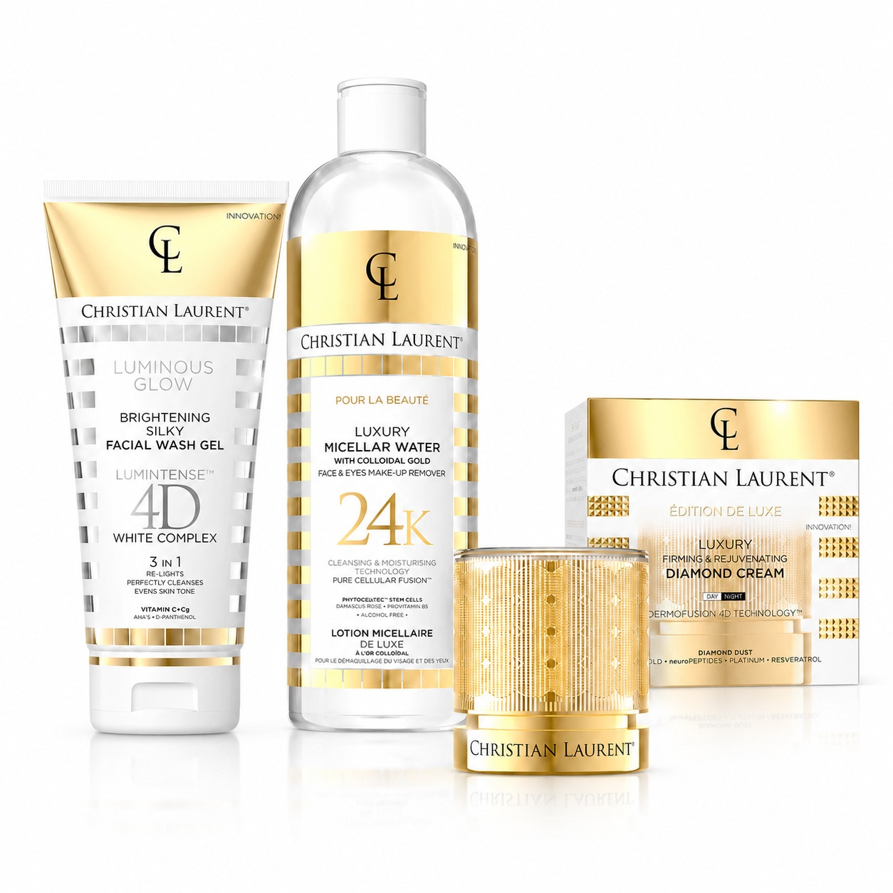 Set Christian Laurent Luxury - Gel facial Luminous Glow 150ml, Apa micelara 24K Gold 500ml, Crema Diamond Edition de Luxe 50ml