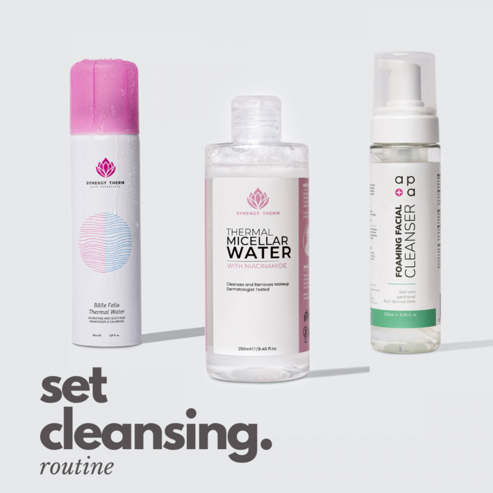 Set Cleansing Routine SYNERGY THERM, Apa micelara, 250 ml + Spuma pentru curatare faciala, 250 ml + Apa Termala Spray, 150 ml - 2 | YEO