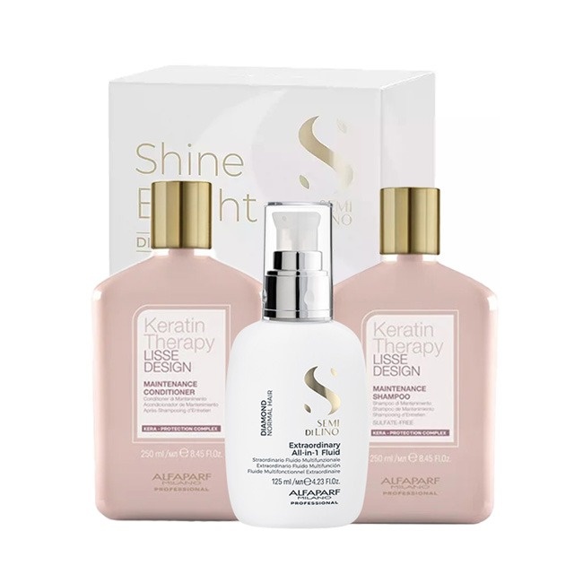 Set cu keratina Alfaparf Lisse Design Keratin Therapy Maintenance Sampon 250ml + Balsam 250 ml + Fluid pentru stralucire All-in-1 Diamond Illuminating, 125 ml