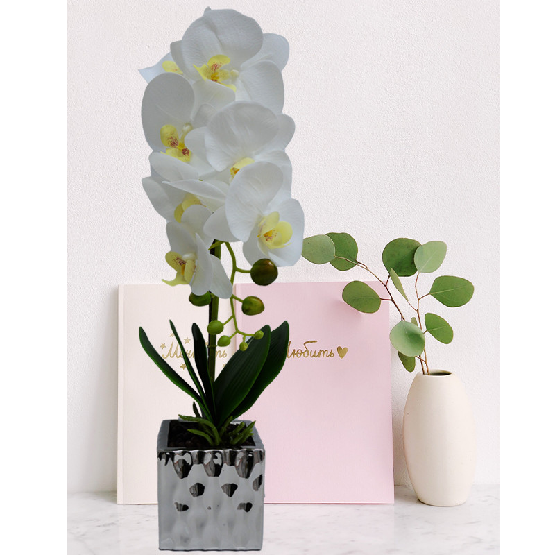 Orhidee cu aspect natural in ghiveci ceramic argintiu, 50 cm (CULOARE: Alb)