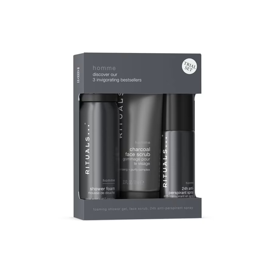 Pachet Rituals Homme – Scrub facial cu carbune, 70 ml + Spuma de dus, 50 ml + Spray antiperspirant 24h, 50 ml