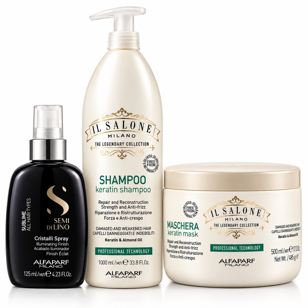 Set Alfaparf Milano, Șampon Keratin 1000 ml + Mască Keratin 500 ml + Cristalli Spray 125ml