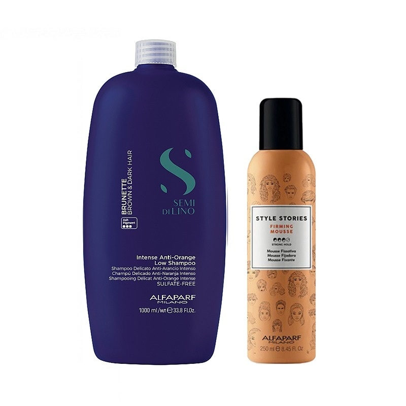 Set Alfaparf Semi di Lino Brunette – Sampon Intense Anti-Orange Low 1000 ml + Spuma Style Stories Firming Mousse 250 ml