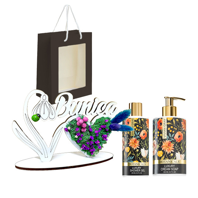 Set cadou BLOOM : Ornament din lemn Draw Me (Bunica) + Gel de dus Vivian Gray Botanicals + Sapun lichid Vivian Botanicals