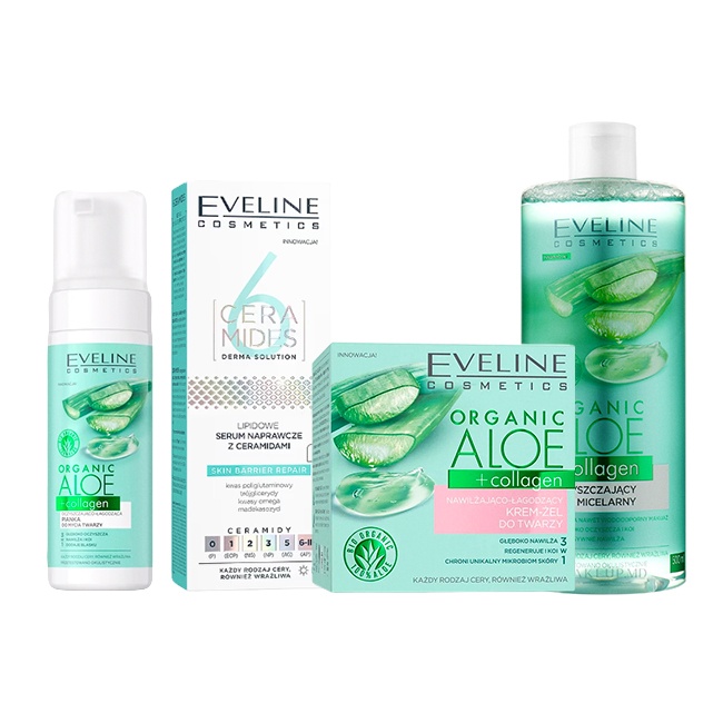 Set cadou Eveline Collagen Revive, Crema-gel hidratanta si calmanta, 50 ml + Apa micelara, 500 ml + Spuma de curatare Purifianta si Calmanta...