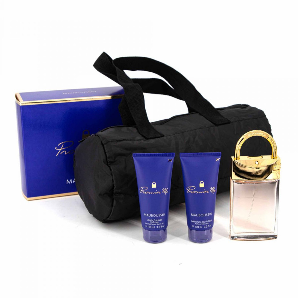 Set Cadou Mauboussin Promise Me, Apa de parfum 100 ml + Gel de dus 100 ml + Lotiune de corp 100 ml + Geanta neagra (Continut set: 100 ml Apa de Parfum + 100 ml Gel de dus + 100 ml Lotiune de corp)