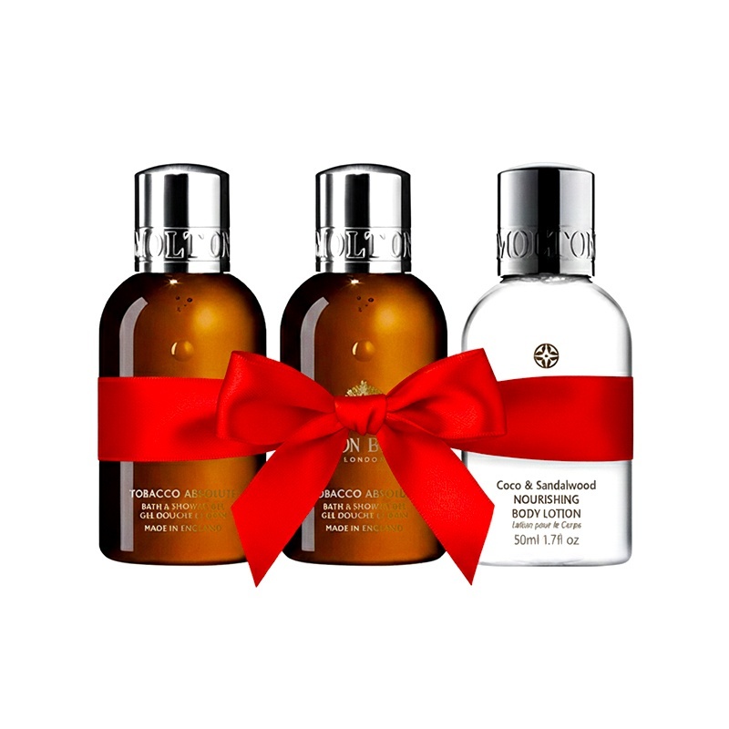 Set cadou Molton Brown Gel de Dus Tobacco Absolute 2×100ml, Lotiune de Corp Coco & Sandalwood 50ml