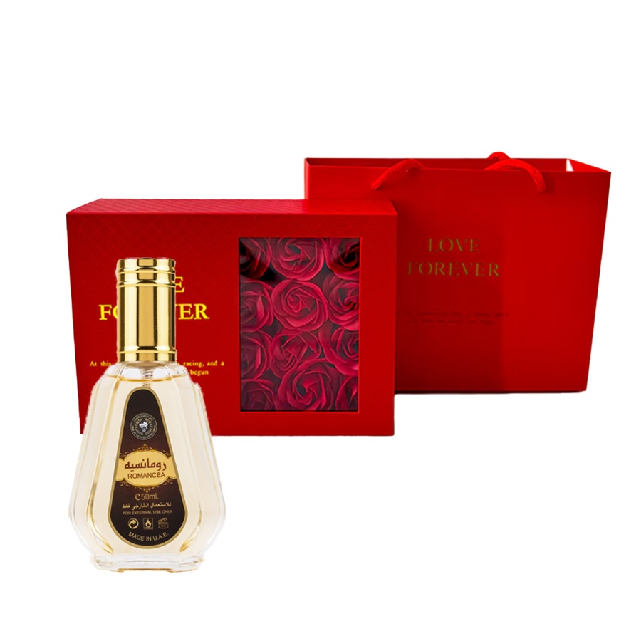 Set cadou Surprizam Apa de Parfum Ard al Zaafaran Romancea, 50 ml si Cutie cu trandafiri