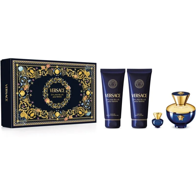 Set cadou Versace Dylan Blue, Femei, Apa de Parfum, 100 ml + 5 ml, Gel de Dus, 100 ml si Lotiune de Corp 100 ml