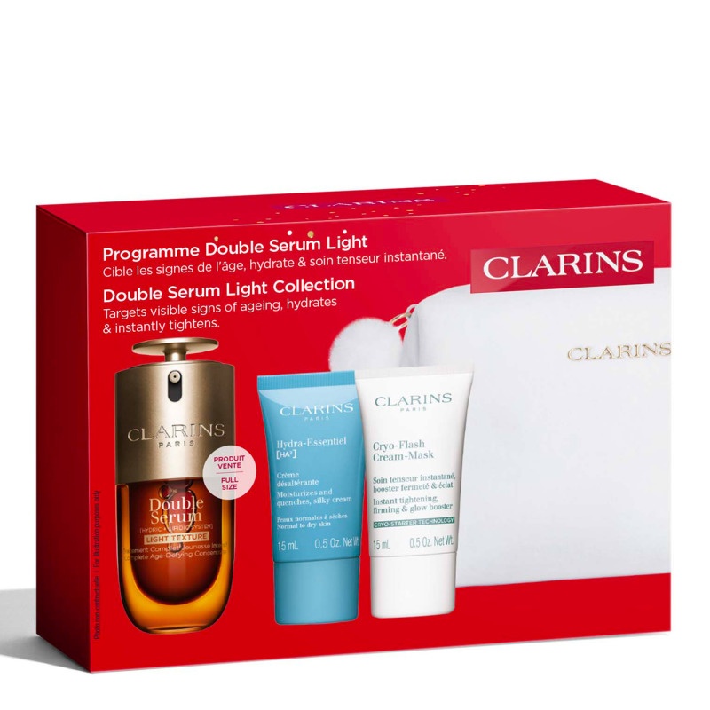 Set Clarins Double Serum Light Collection, Femei – Serum Antirid 50 ml + Hydra-Essentiel 15 ml + Cryo-Flash Cream Mask 15 ml + Pouch