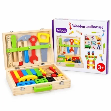 Set de scule din lemn pentru copii, 69 piese, cutie portabila, accesorii de constructie, 3ani+