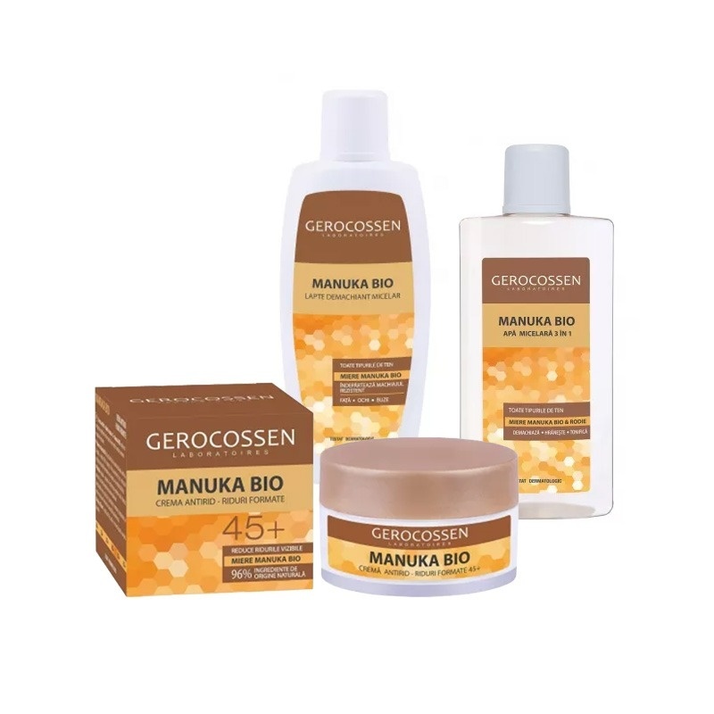 Set Gerocossen Manuka Bio – Crema Antirid 45+, 50ml, Lapte Demachiant 200ml si Apa Micelara 3in1 400ml