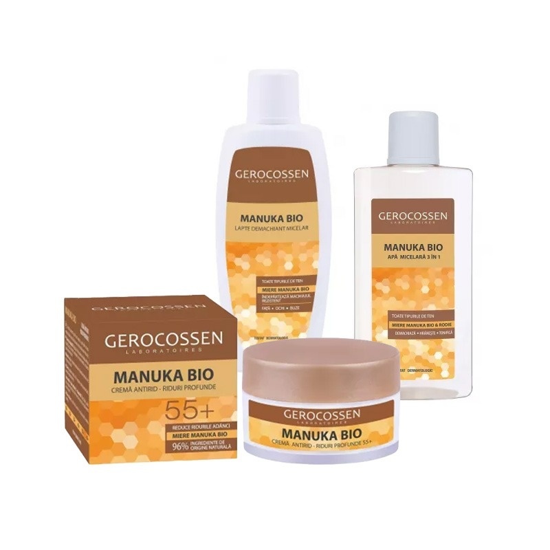 Set Gerocossen Manuka Bio – Crema Antirid 55+, 50ml, Lapte Demachiant 200ml si Apa Micelara 3in1 400ml