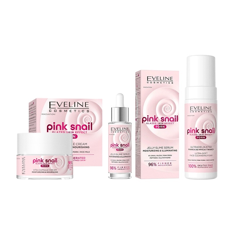 Set Ingrijire Ten Eveline Pink Snail PDRN – Crema 50 ml + Ser Facial 30 ml + Spuma Curatare 150 ml