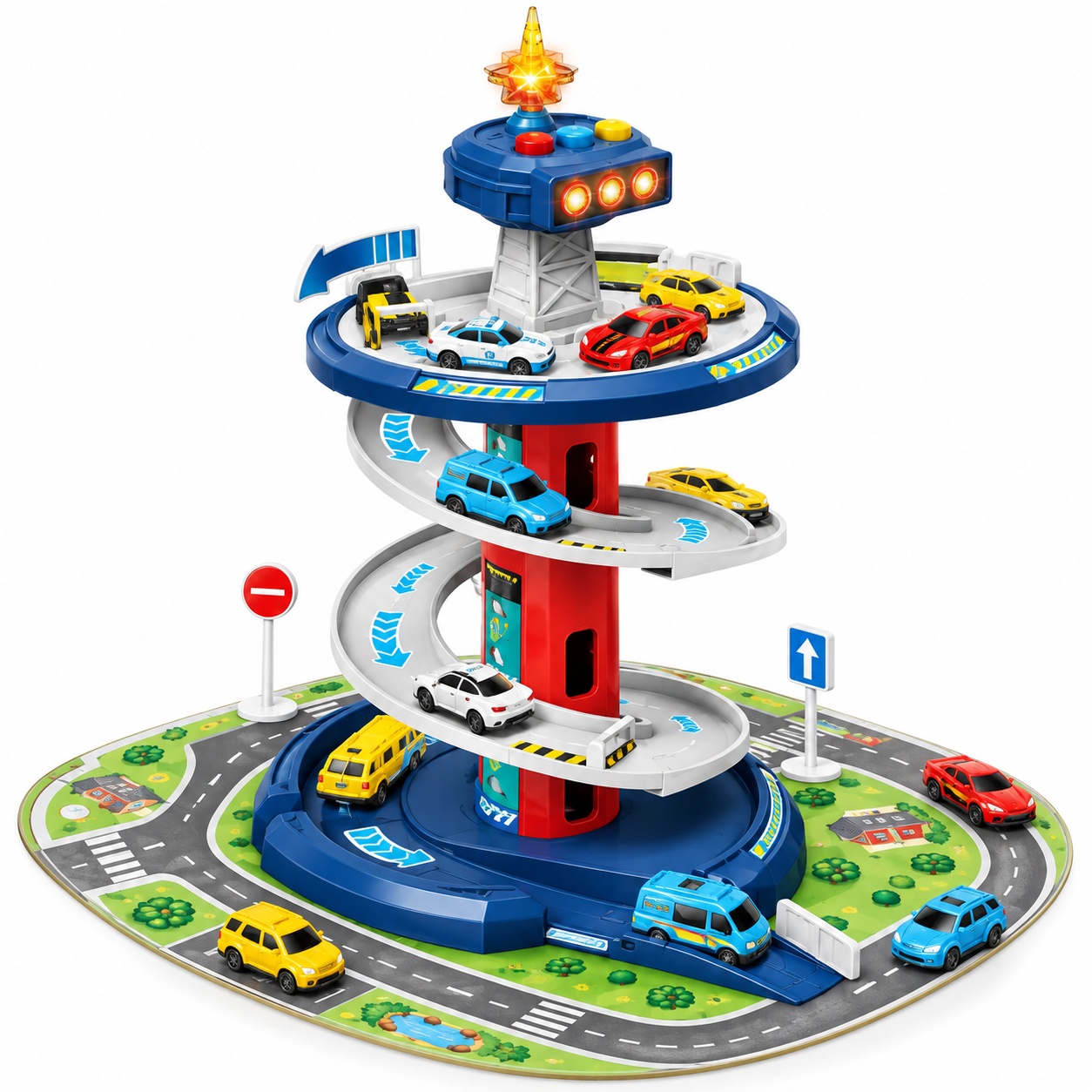 Set parcare supraetajata pentru copii, 3 niveluri, lumini si sunete, covoras si 3 masinute, 26 piese, Multicolor