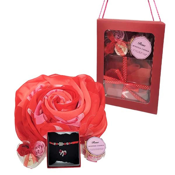 Set special, Womens's Day cu esarfa, martisor, lumanare parfumata si 3 trandafiri din sapun, rosu (C