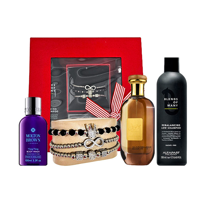 Set Wood Tease, Apa de Parfum Ard al Zaafaran Mousuf, Set 3 bratari din otel inoxidabil, onix si zirconiu, Gel de Dus Molton Brown Relaxing Ylang-Ylang, Sampon Alfaparf Rebalancing Low Shampoo Blends of Many