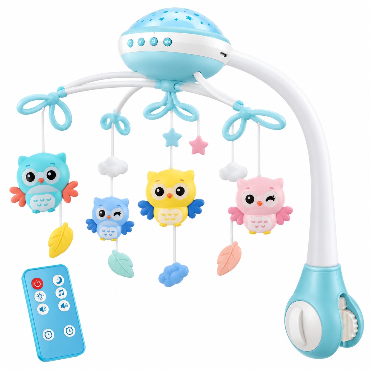 Carusel muzical pentru patut cu proiector, lumina de veghe, telecomanda si figurine rotative, albastru, 0 luni+