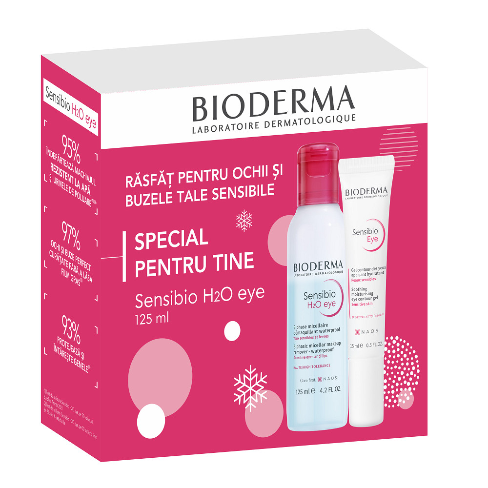 Pachet Bioderma Gel contur ochi Sensibio, 15 ml + Solutie micelara bifazica Sensibio H2O eye, 125 ml