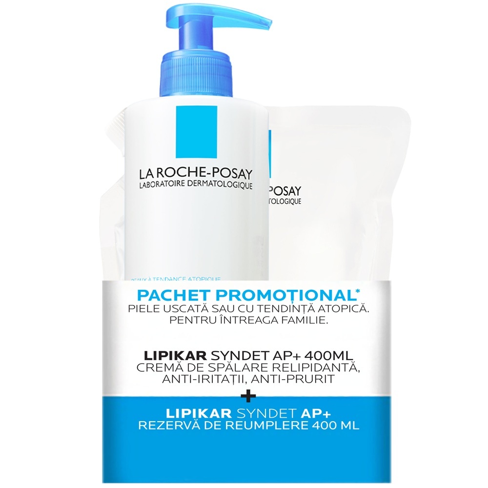 Hiris.ro Pachet Crema de spalare ultra-delicata, pentru pielea uscata cu tendinta atopica Lipikar Syndet AP+, 400 ml + Rezerva, 400 ml, La Roche-Posay
