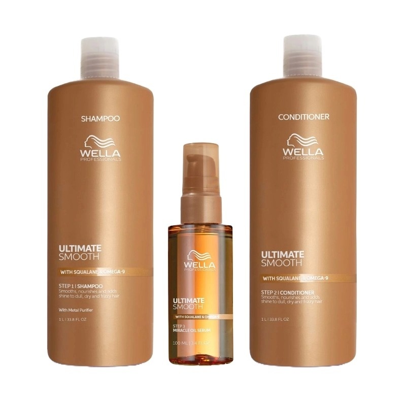 Pachet Wella Professionals Ultimate Smooth – Sampon, 1000 ml + Balsam, 1000 ml + Ulei Miracle Serum, 100 ml