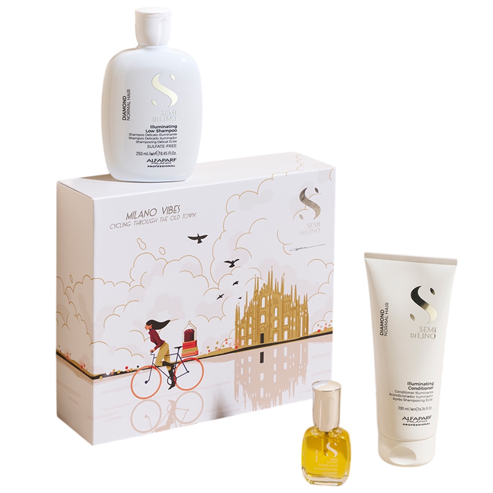 Set Alfaparf Diamond Iluminating pentru stralucirea parului Sampon, 250ml + Balsam, 200ml + Cristalli Liquidi, 15ml