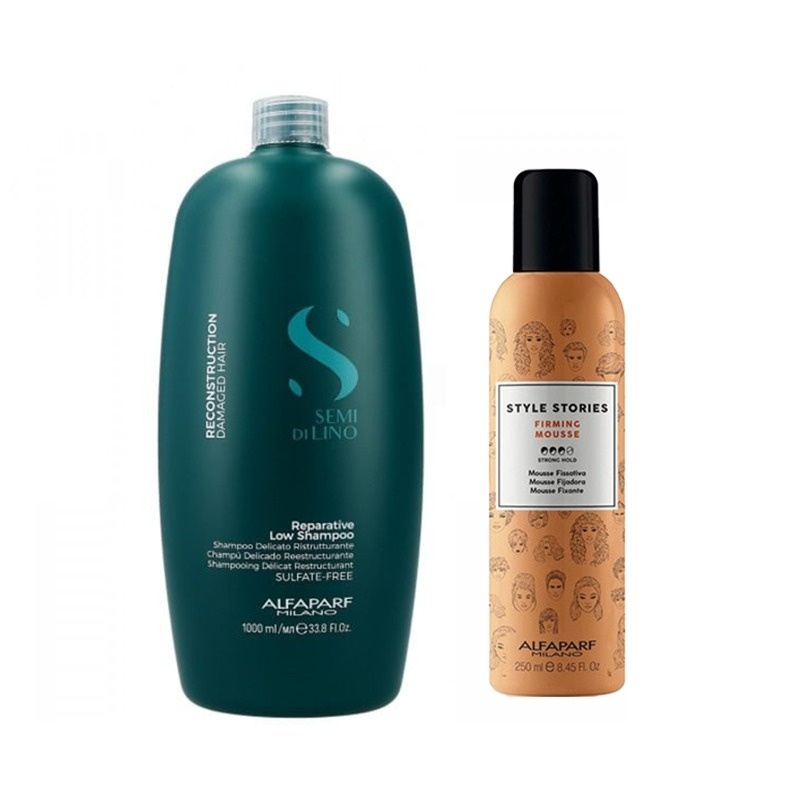 The Home Set Alfaparf Semi di Lino Reconstruction – Sampon, 1000 ml + Spuma Style Stories Firming Mousse 250 ml
