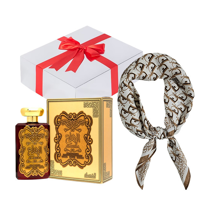 Set cadou Essence&Shawl: parfum Ard Al Zaafaran + esarfa satinata + cutie cadou cu funda (Parfum Aroma: Dirham Wardi)