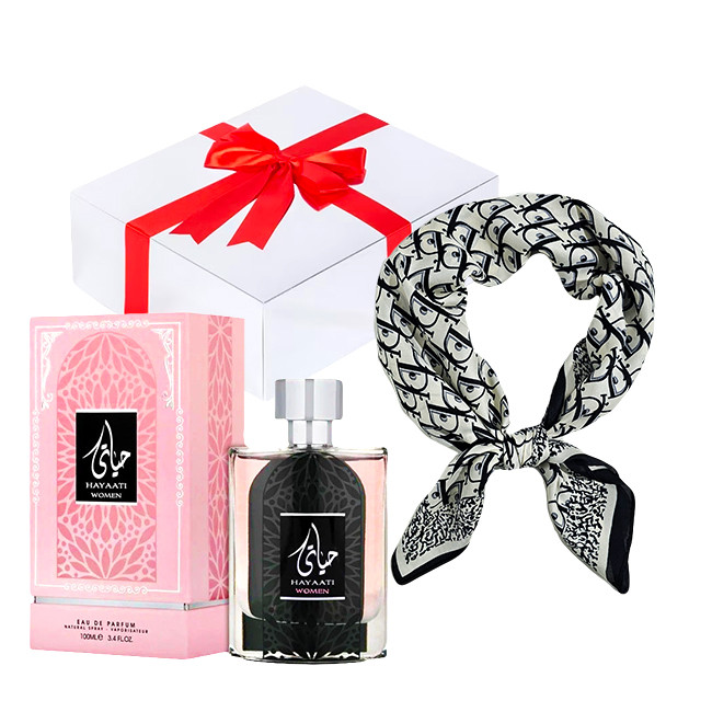 Set cadou Essence&Shawl: parfum Lattafa + esarfa satinata + cutie cadou cu funda (Parfum Aroma: Hayaati)