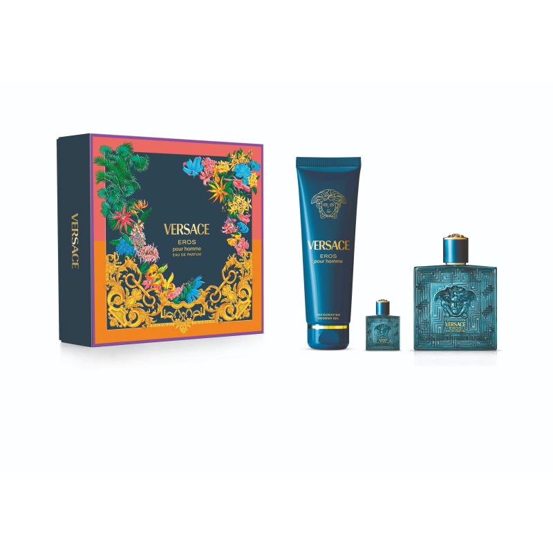 Set cadou Versace Eros Apa de Parfum, Barbati, 100 ml + Gel de dus 150 ml + Apa de Parfum, 5 ml