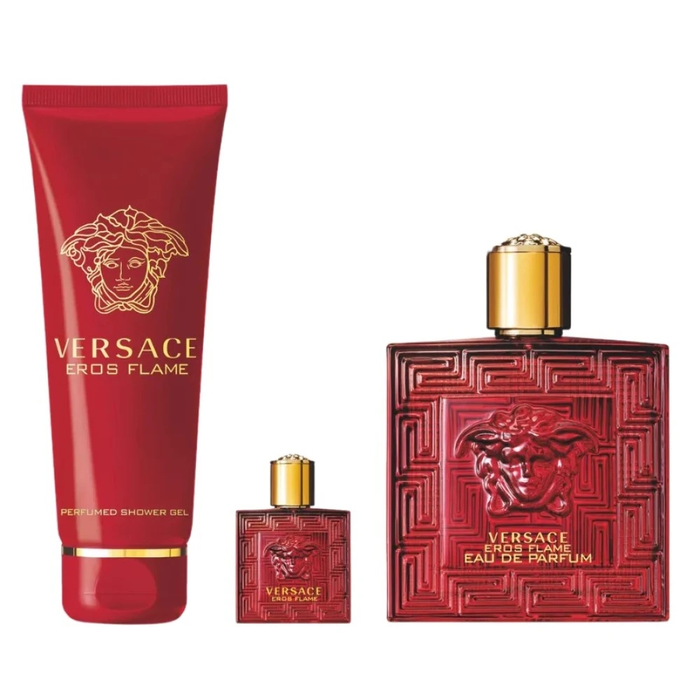 Set Cadou Versace Eros Flame, Barbati, Apa de Parfum, 100 ml + mini Apa de Parfum, 10 ml + Gel de dus, 150 ml