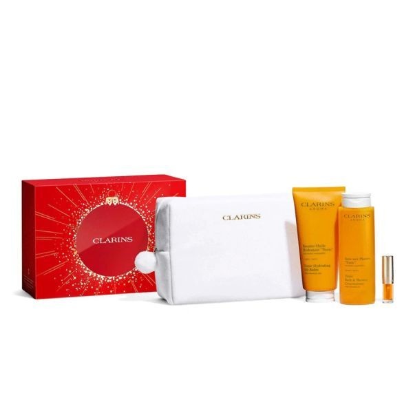 Set Clarins Aroma Self-Care Essentials – Lotiune de Corp Hidratanta + Pudra de Corp + Ulei Buze + Pouch