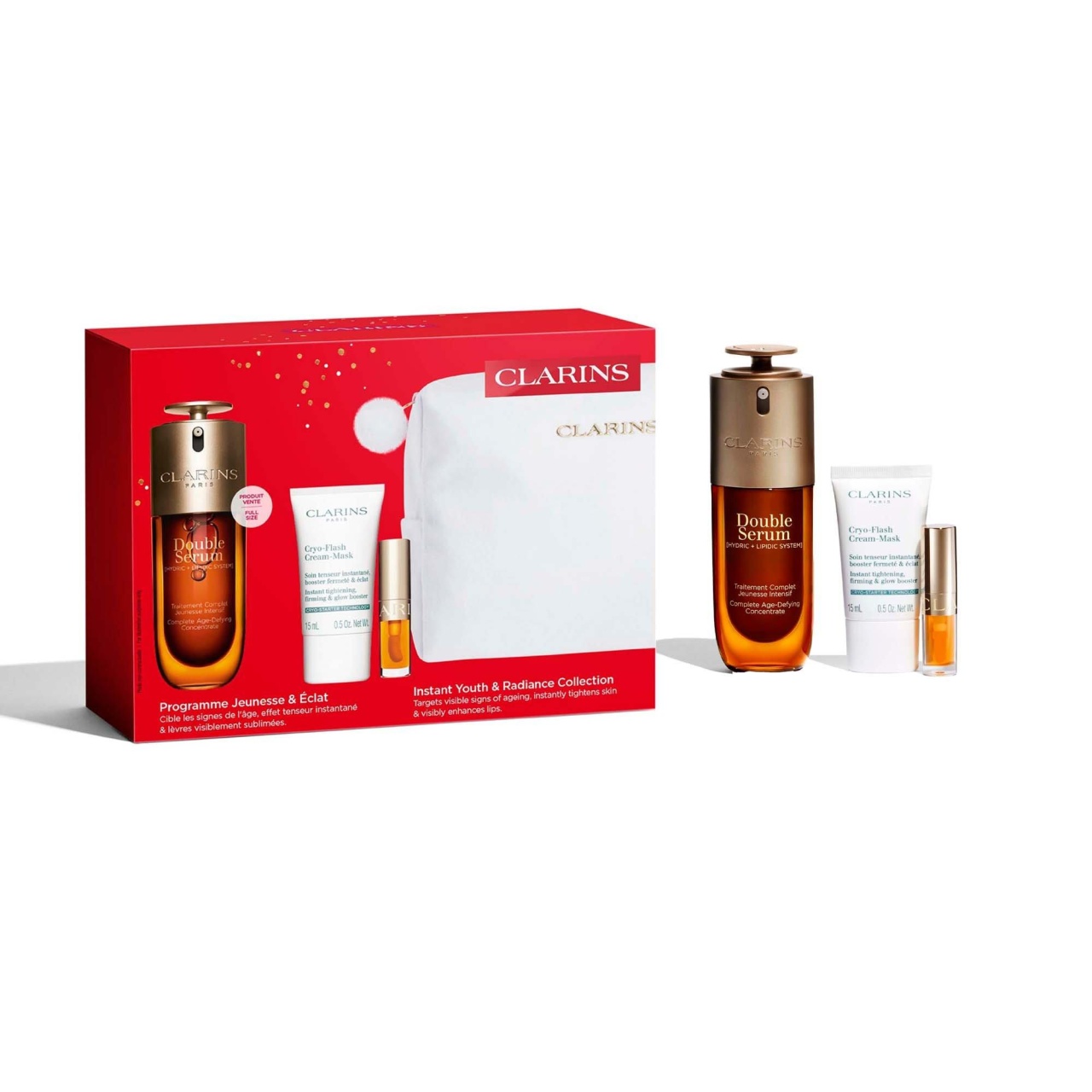 Set Clarins Double Serum Jeunesse & Eclat – Serum Antirid, Cryo-Flash Cream Mask, 15 ml, Lip Comfort Oil si Pouch, 7 ml