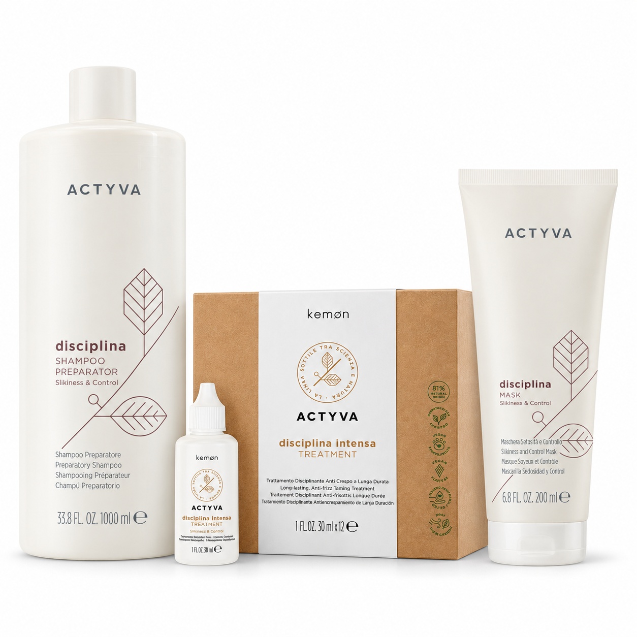Set de disciplinare Kemon Actyva Disciplina, Sampon preparator 1000 ml + Masca 200 ml + Serum 12 x 30 ml
