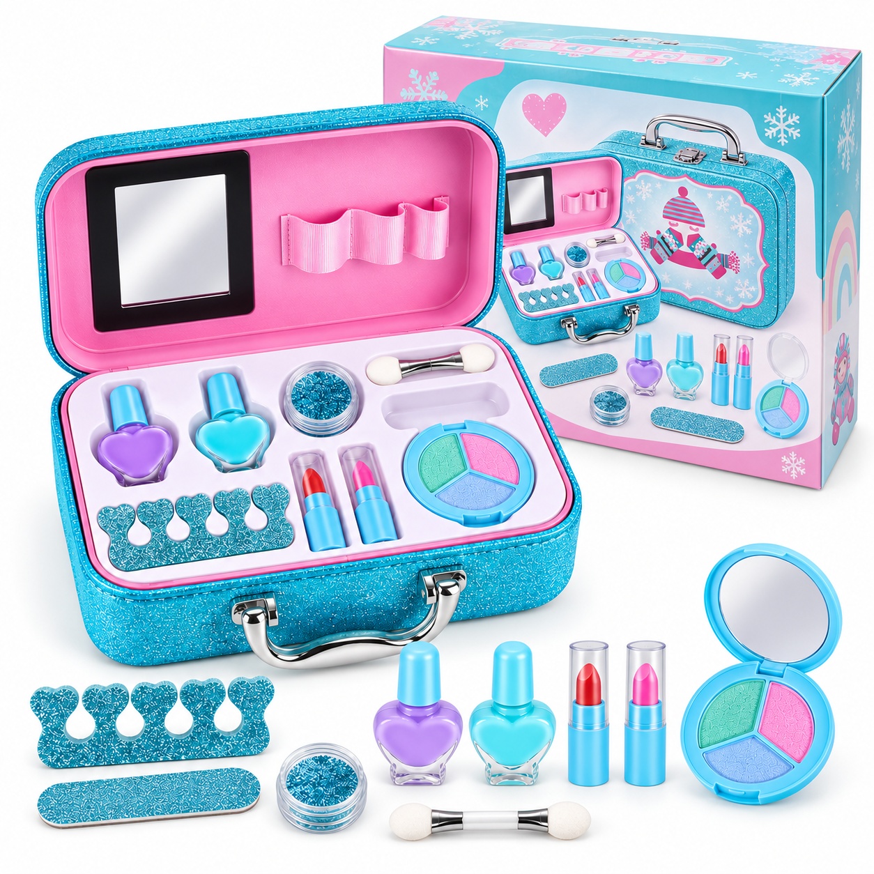Set de infrumusetare pentru fete, in valiza cu oglinda si accesorii, turcoaz-roz, 3+ ani