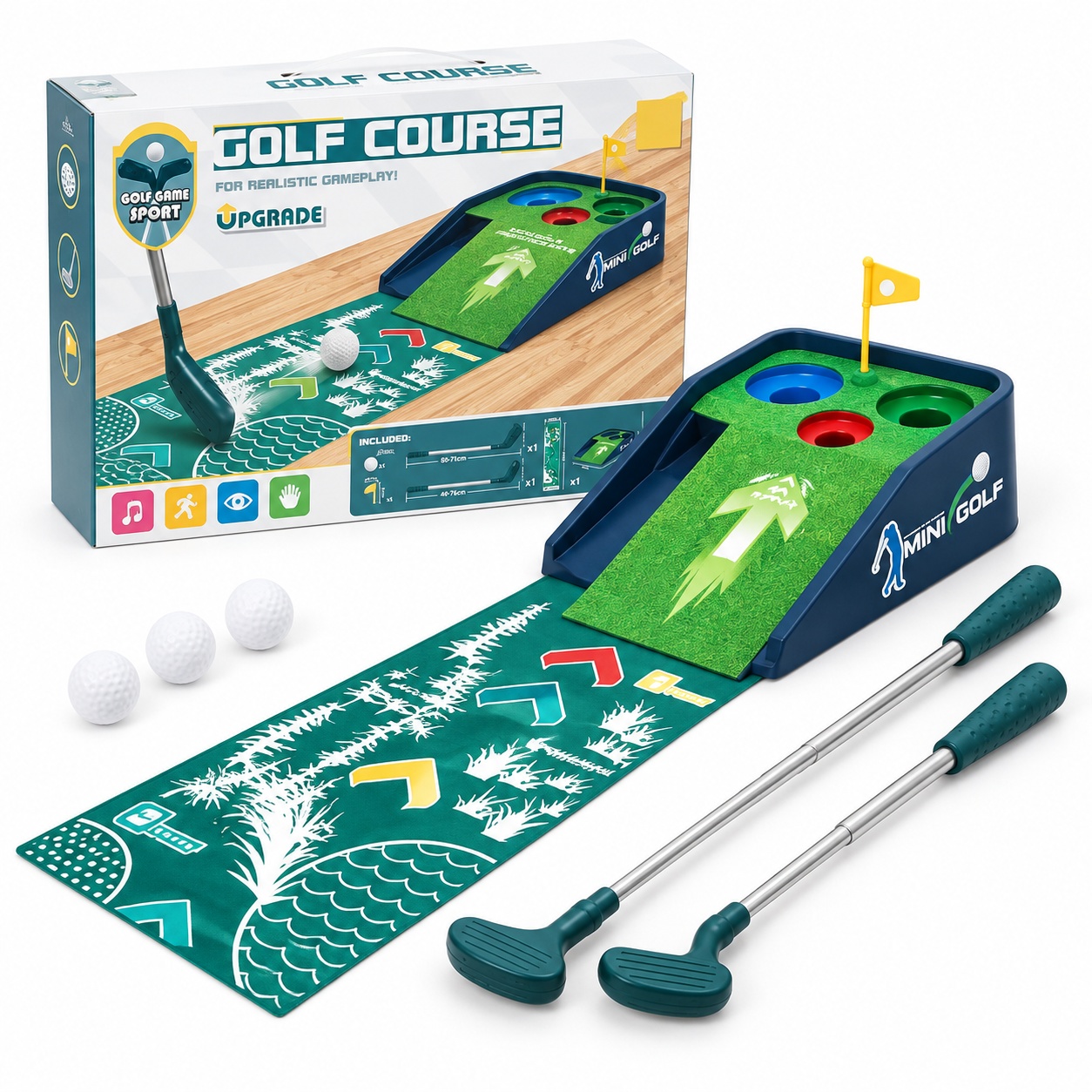 Set mini golf pentru copii, 2 crose reglabile, 3 mingi, covoras si rampa cu 3 tinte, 3 ani+