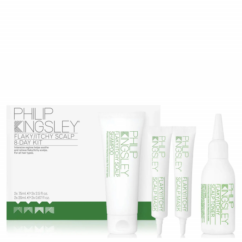 Set tratament pentru scalp Philip Kingsley 8-Day Kit, Sampon Flaky/Itchy Scalp 75ml, Masca Flaky/Itchy Scalp 2x20ml, Toner Flaky/Itchy Scalp 75ml (TIP PRODUS: Tratamente pentru par)