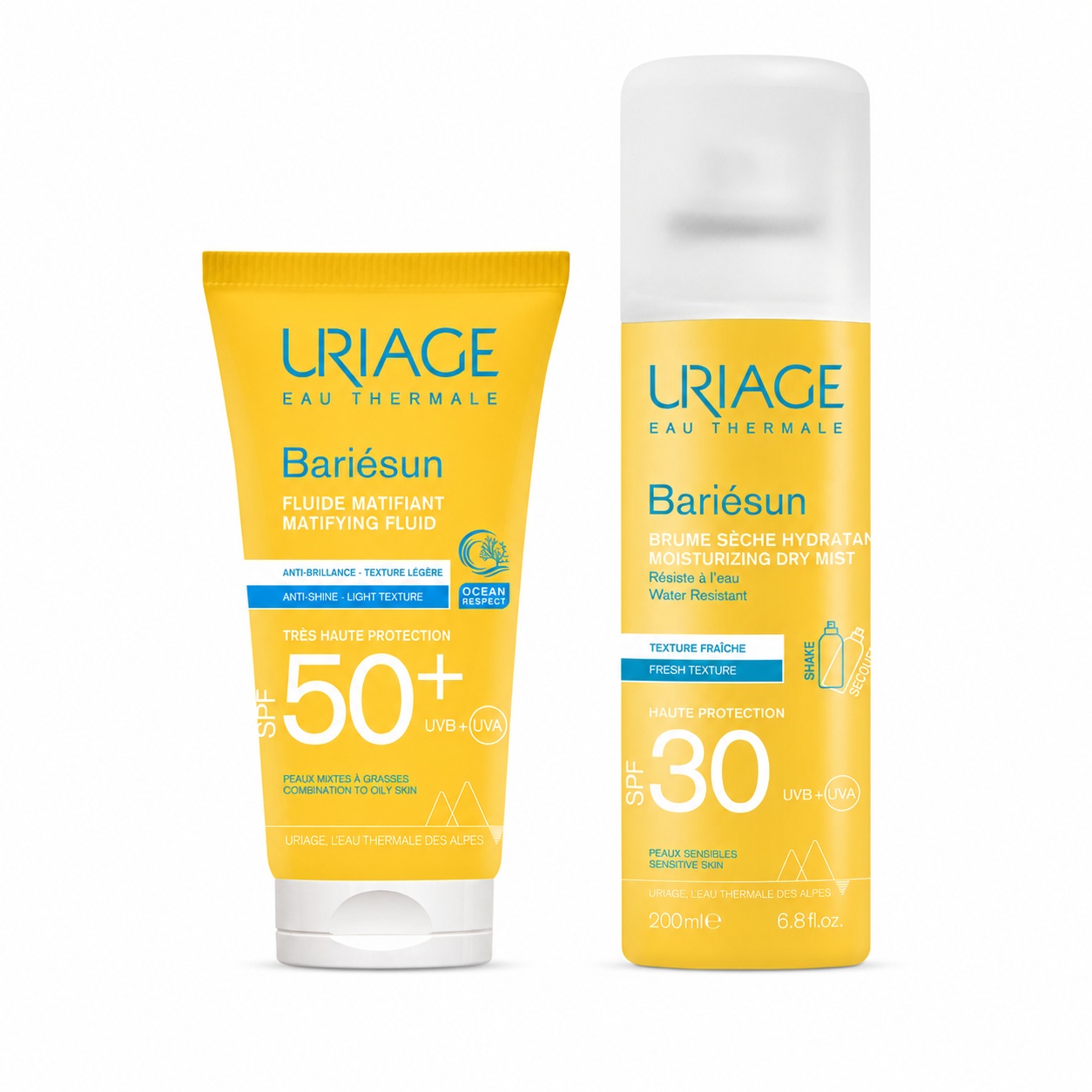 Set Uriage Bariésun – Fluid matifiant SPF 50+, 50 ml + Spray uscat hidratant SPF 30, 200 ml