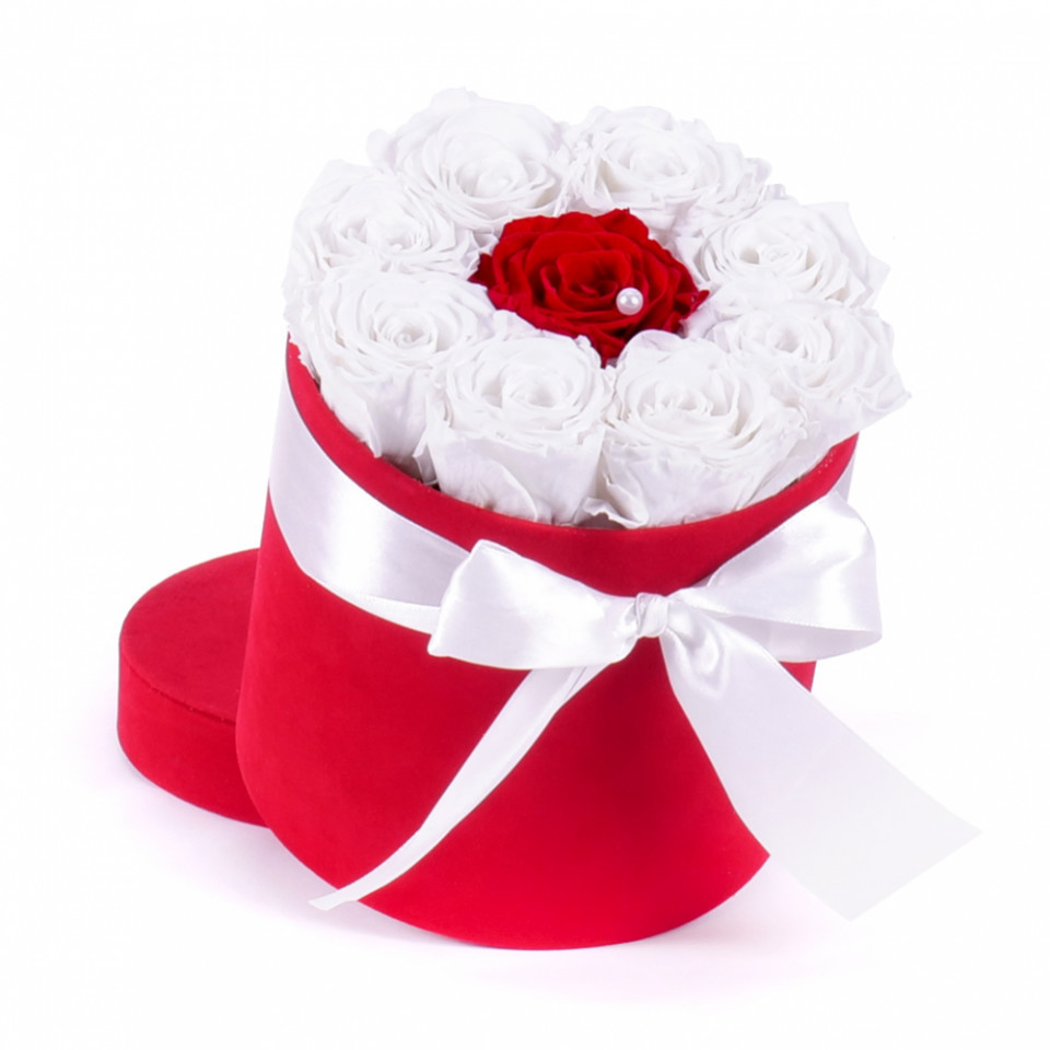 Aranjament floral Special One, cutie rotunda cu funda si trandafiri de sapun, alb/rosu (TIP PRODUS: Aranjament floral)
