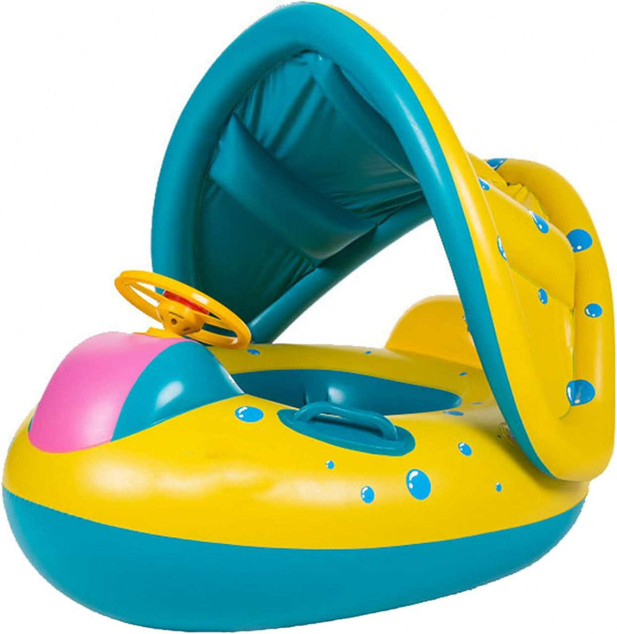 Colac gonflabil pentru copii Edman Summer sea, cu volan, acoperis si suport, dimensiuni: 73 x 65 x 60 cm