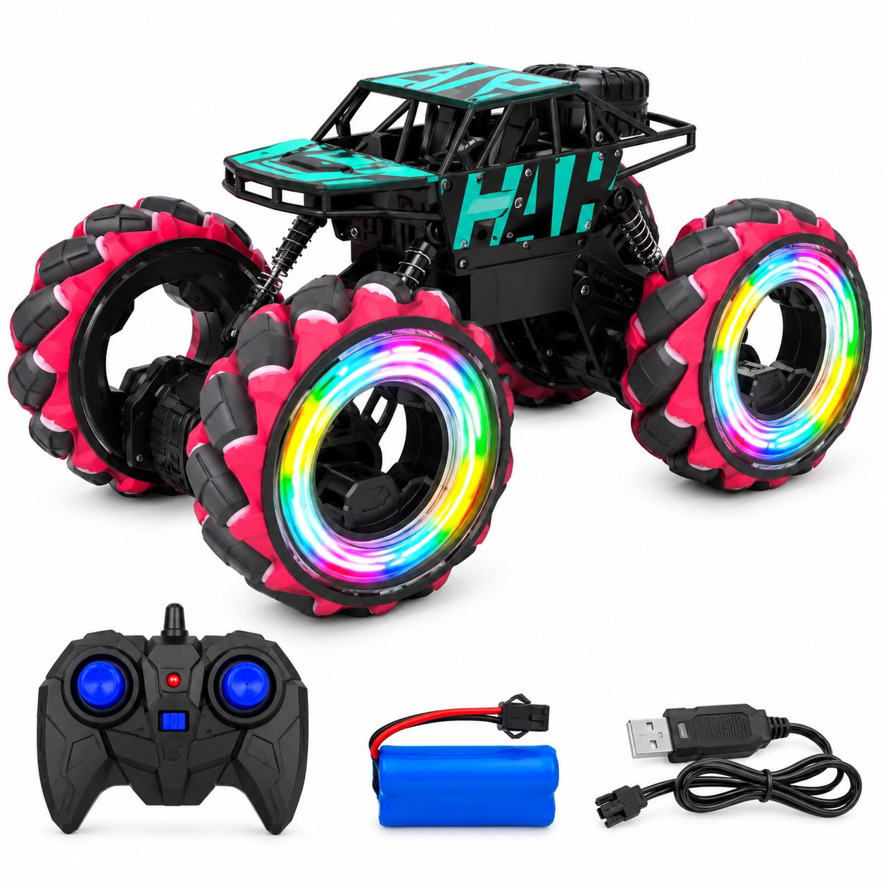 Masinuta off-road pentru cascadorii cu telecomanda pentru copii, Speer Metal No.6, tractiune 4x4 si roti luminoase, 6+ ani