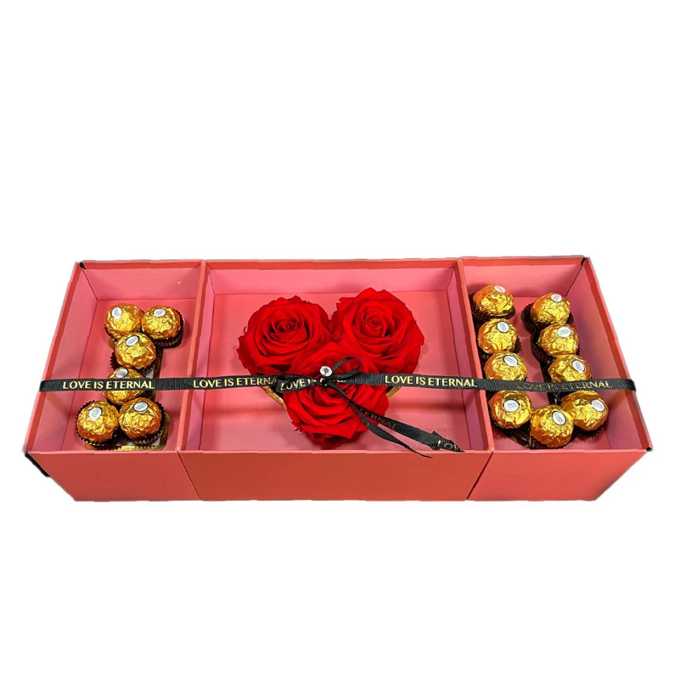 Pachet cadou I Love you, format din 3 trandafiri criogenati si praline Ferrero Rocher, Roz