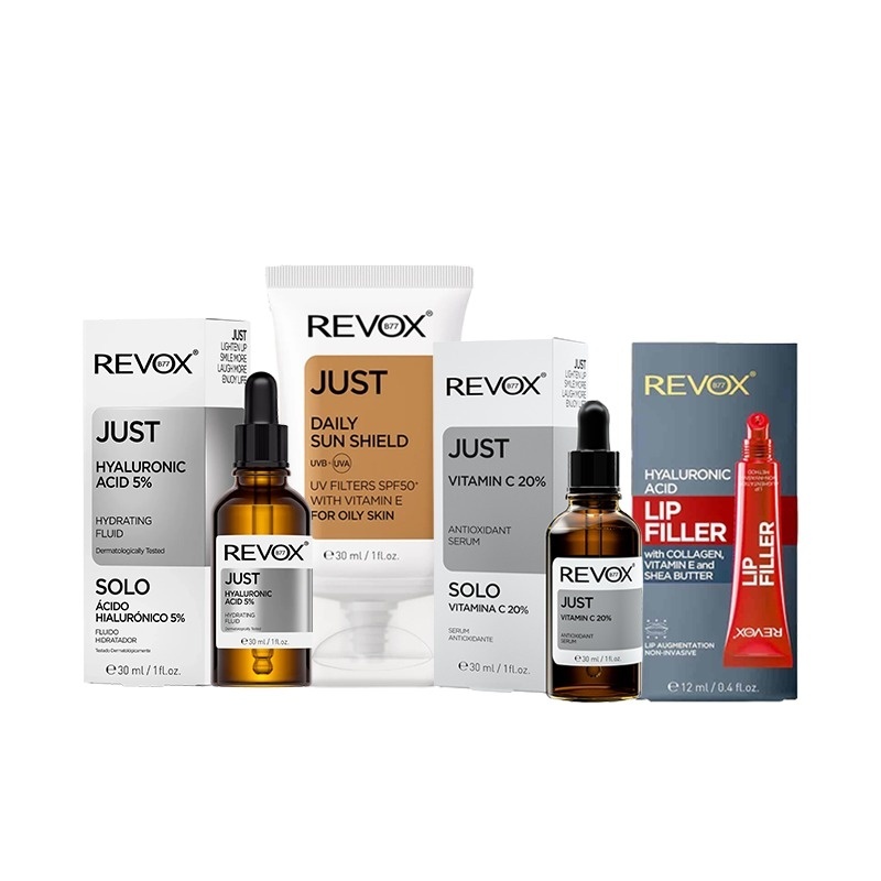 Pachet Glow & hidratation Revox: HA 5% Fluid 30 ml + Vitamin C 20% 30 ml + Daily Sun Shield SPF 50+ 30 ml + Lip Filler 12 ml