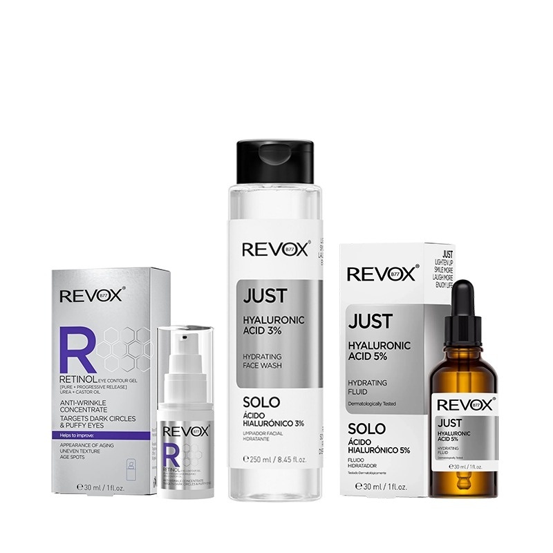 Pachet pentru hidratare Revox - Gel ochi Retinol 30 ml + Face Wash HA 3% 250 ml + Fluid HA 5% 30 ml