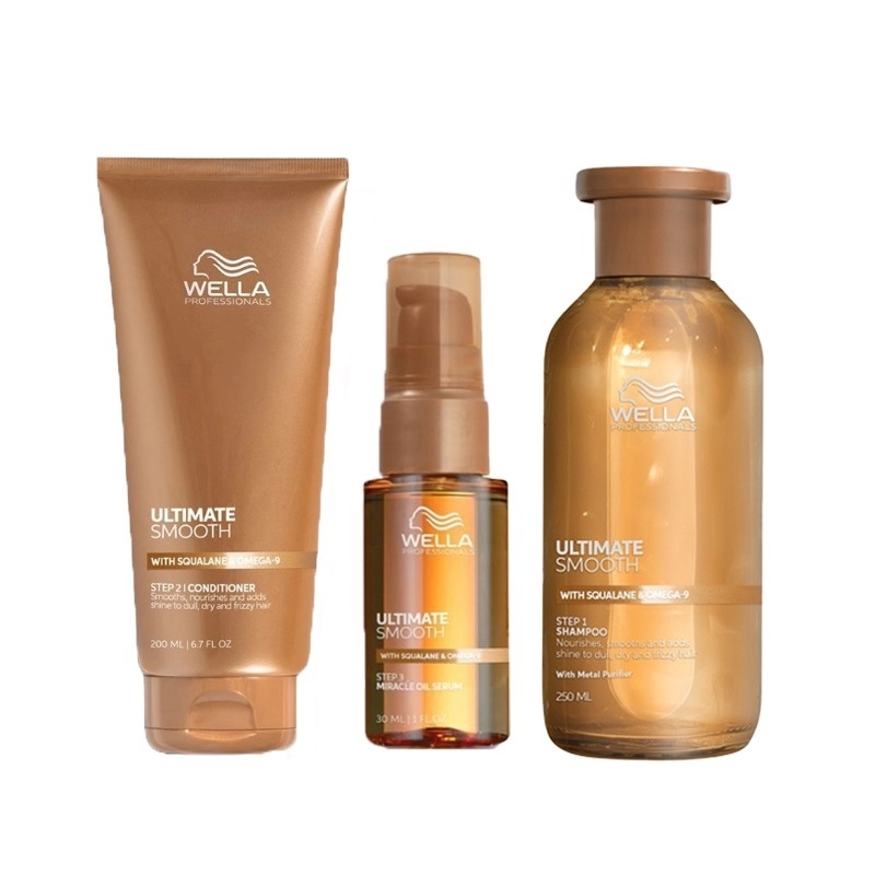 Pachet Wella Professionals Ultimate Smooth – Sampon, 250 ml + Balsam, 200 ml + Ulei Miracle Serum, 30 ml