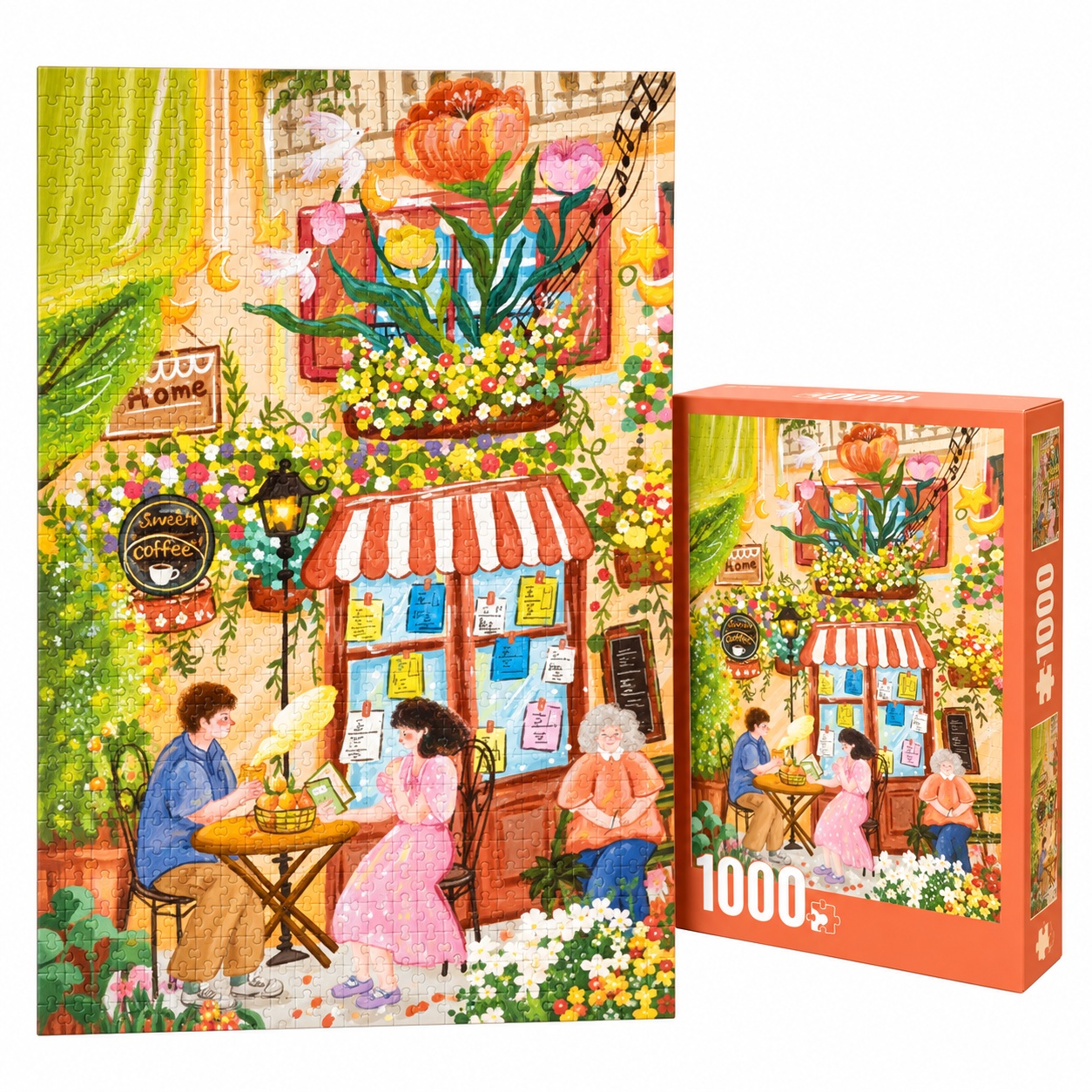 Puzzle Cafenea cu flori, 1000 piese, ilustratie picturala multicolora
