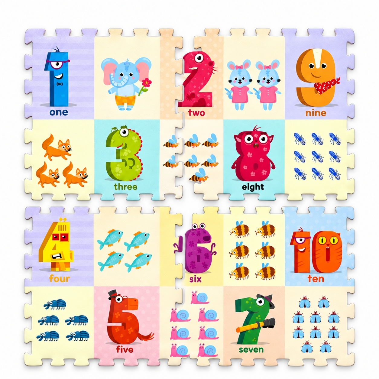 Puzzle de podea educativ cu numere si animale, 4 piese, 60 x 60 cm, multicolor