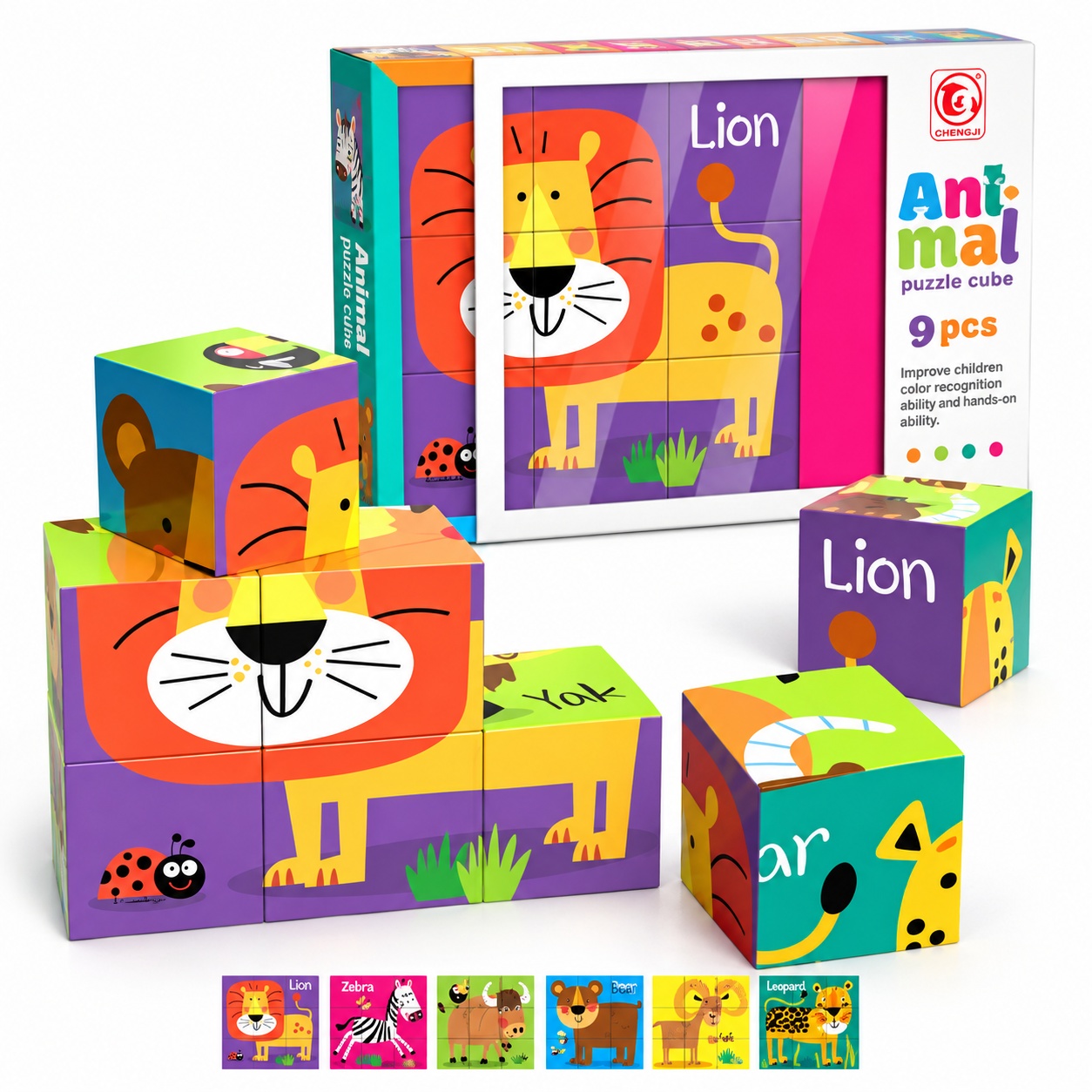 Puzzle educativ 6 in 1 cu animale, 9 cuburi, 3+ ani